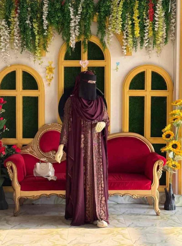 💥 প্রিমিয়াম দুবাই চেরি কাপড় পার্শিয়ালি 3 পার্ট, রাজকীয় আবায়া বোরকা
