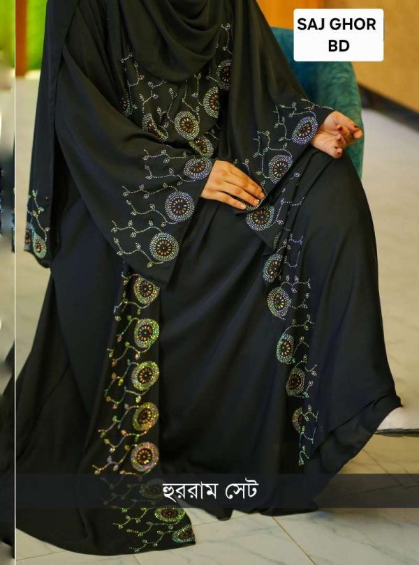 💥 প্রিমিয়াম দুবাই চেরি কাপড় পার্শিয়ালি 3 পার্ট, রাজকীয় আবায়া বোরকা